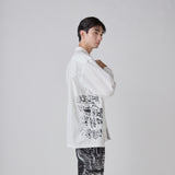 Textured Embroidered Band Collar Shirt「楽譜(No.2)」 White