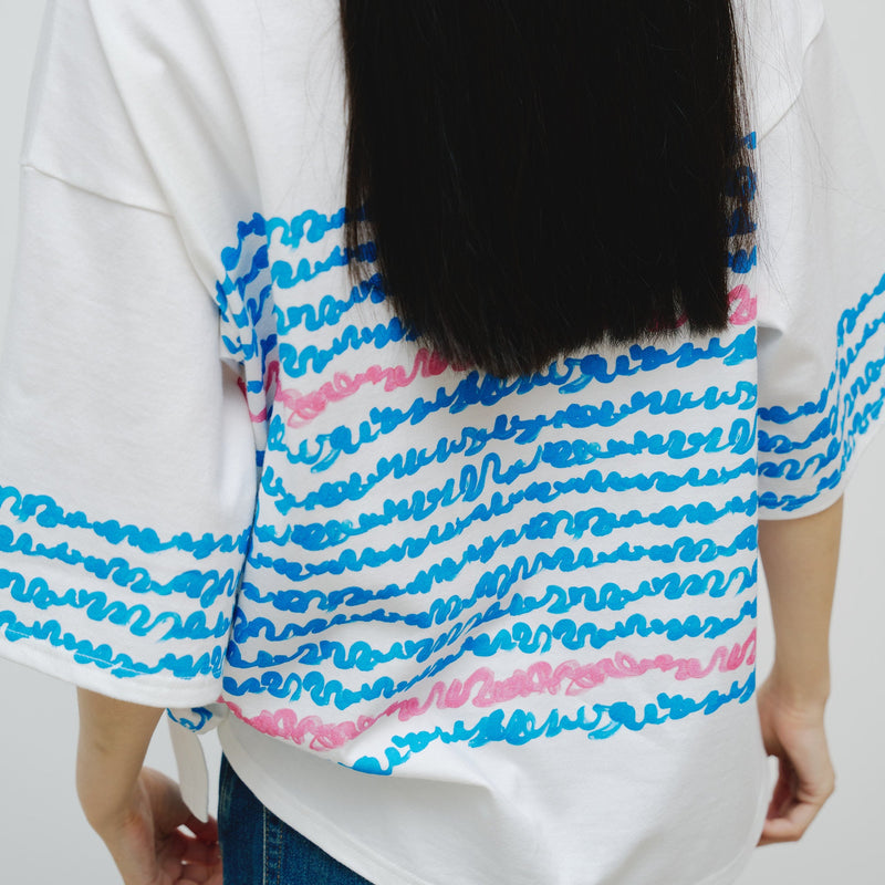 ￥【予約商品｜8月末〜9月上旬お届け】アートボーダーチュニックTシャツ「blue brush - mm2025」marina