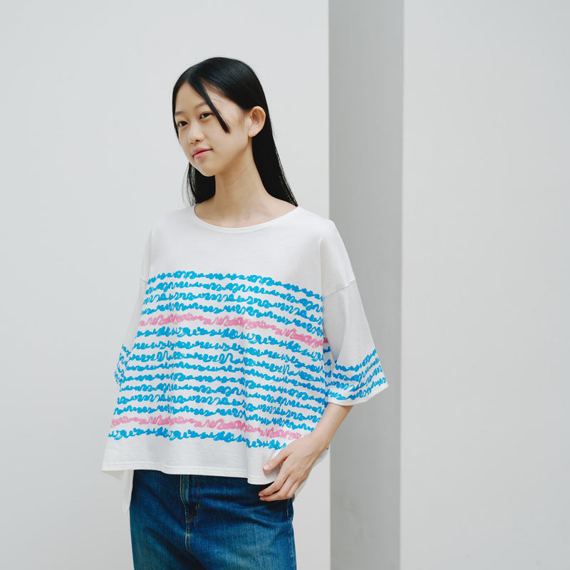 ￥【予約商品｜8月末〜9月上旬お届け】アートボーダーチュニックTシャツ「blue brush - mm2025」marina