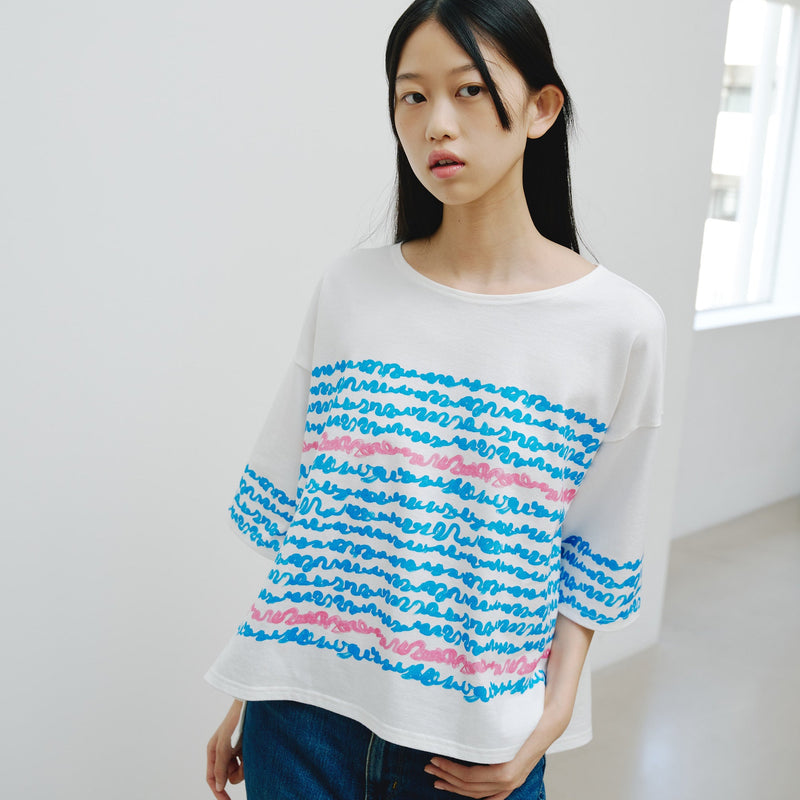 ￥【予約商品｜8月末〜9月上旬お届け】アートボーダーチュニックTシャツ「blue brush - mm2025」marina