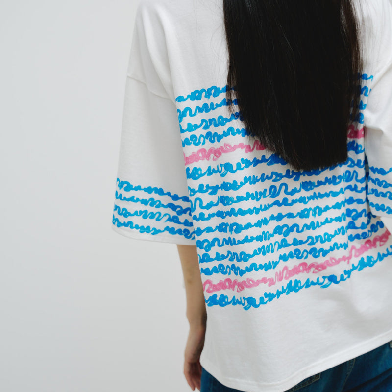 ￥【予約商品｜8月末〜9月上旬お届け】アートボーダーチュニックTシャツ「blue brush - mm2025」marina