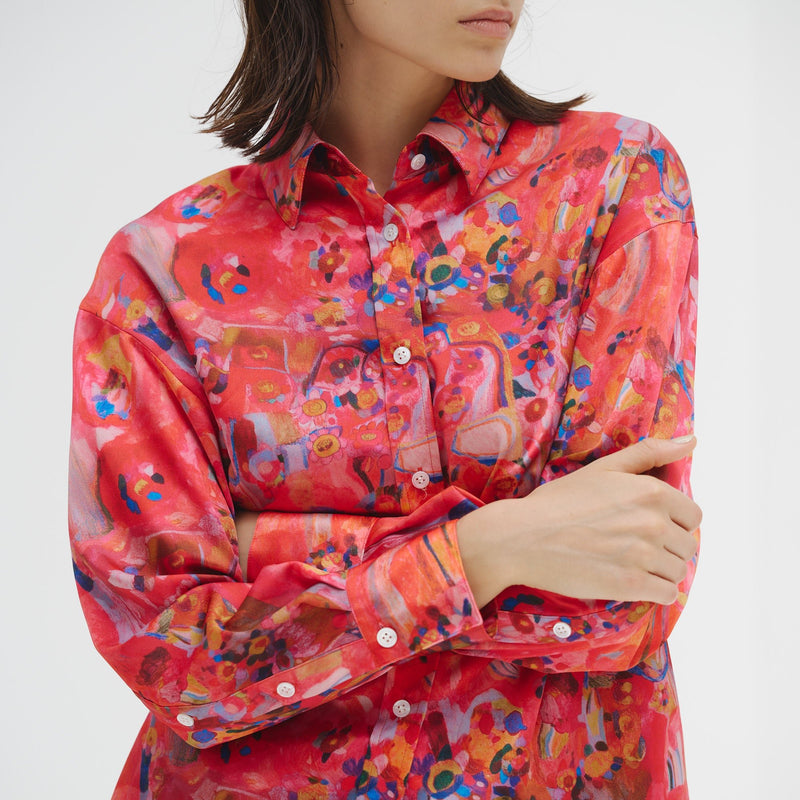￥【予約商品｜9月下旬お届け】サテンシャツブラウス「りんごのブーケ」Yuh Mitani