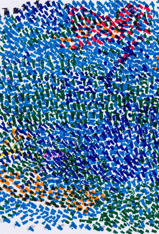 画像：作家くどうみどりの作品「無題　青」。ヘラルボニーを代表する作品のひとつ。油性マーカーで細かく打たれた色の楔が折り重なった集合体のような絵。全体は水色、そして青で構成されているが、よく見ると1/3近くを緑が占めていたり、左下にはオレンジと黄色、中央寄り下部にはピンク。そして中央上部には赤やオレンジも垣間見え、全体には青い印象なのに多様な色が含まれていることがわかる。多様性の群像のような絵だ、とは担当者個人の感想。画像おわり